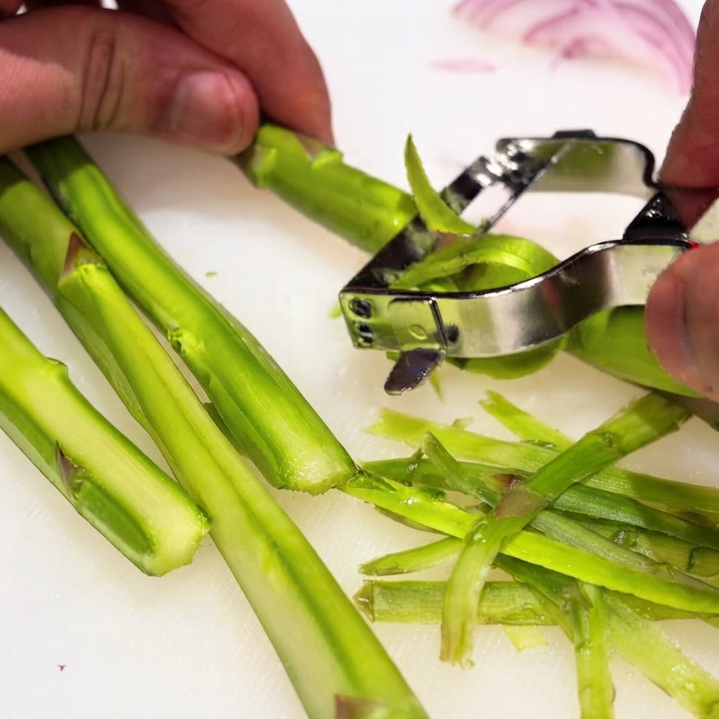 Fresh asparagus stalks being peeled with a metal vegetable peeler on a white cutting board.