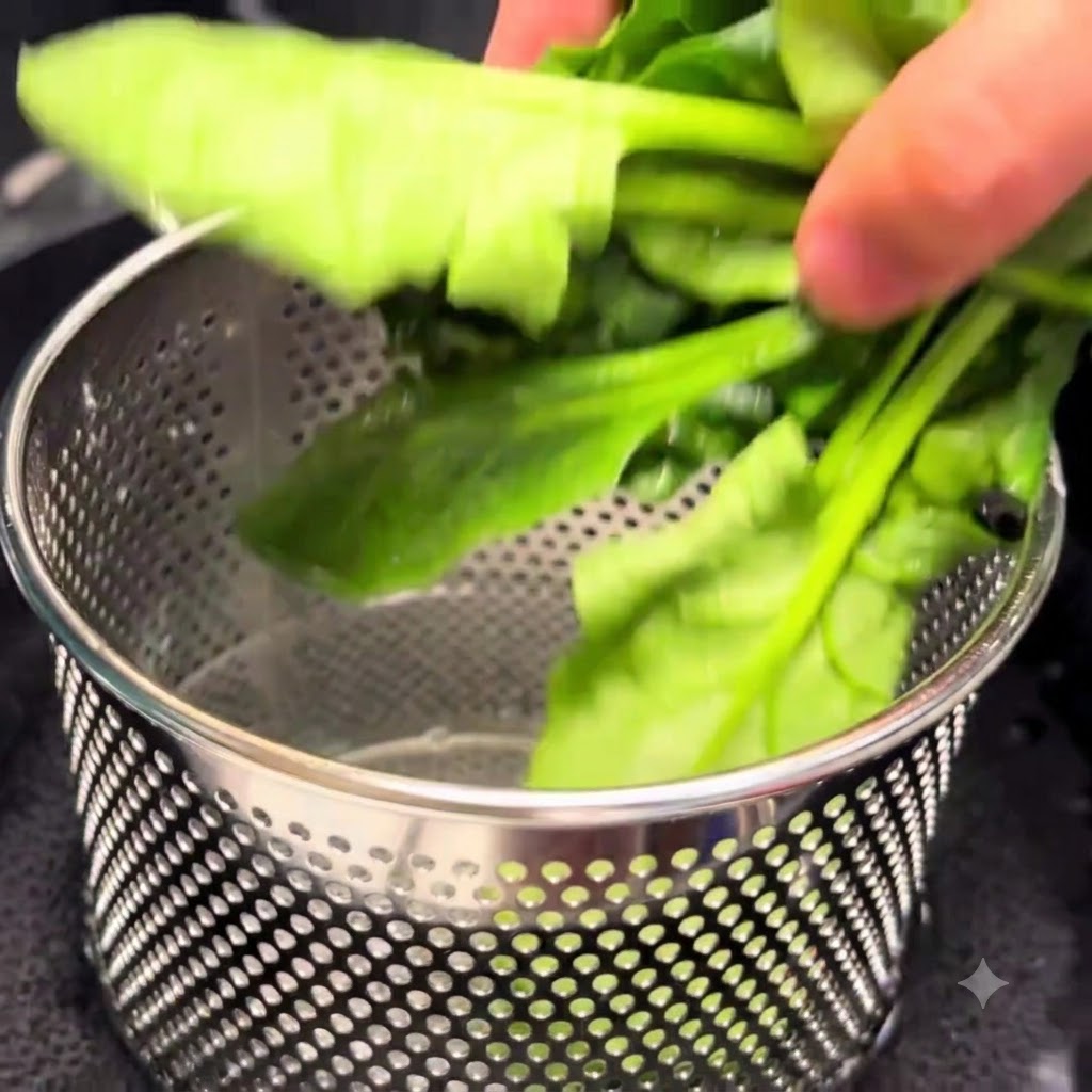 Fresh green spinach leaves being added into a metal mesh strainer basket over a pot of boiling water.