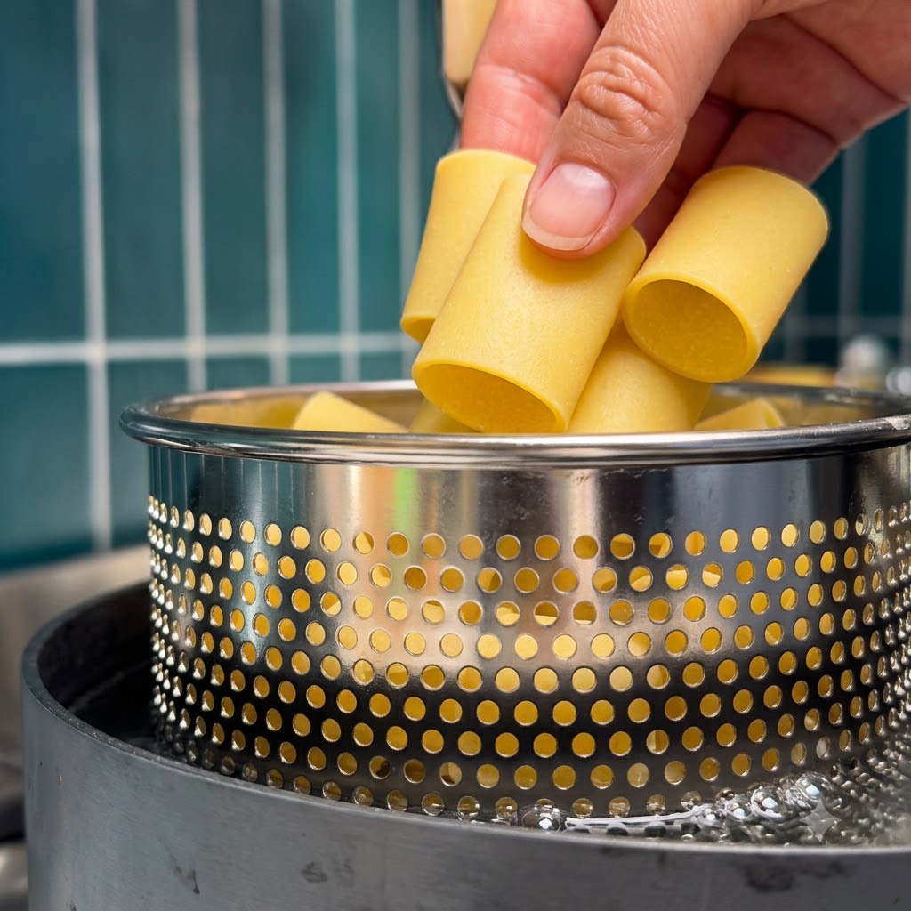 Large paccheri pasta tubes being dropped into a metal mesh strainer basket in boiling water.