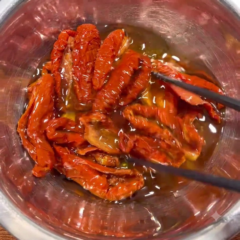 Sun-dried tomatoes soaking in oil inside a stainless steel bowl, stirred with black chopsticks.