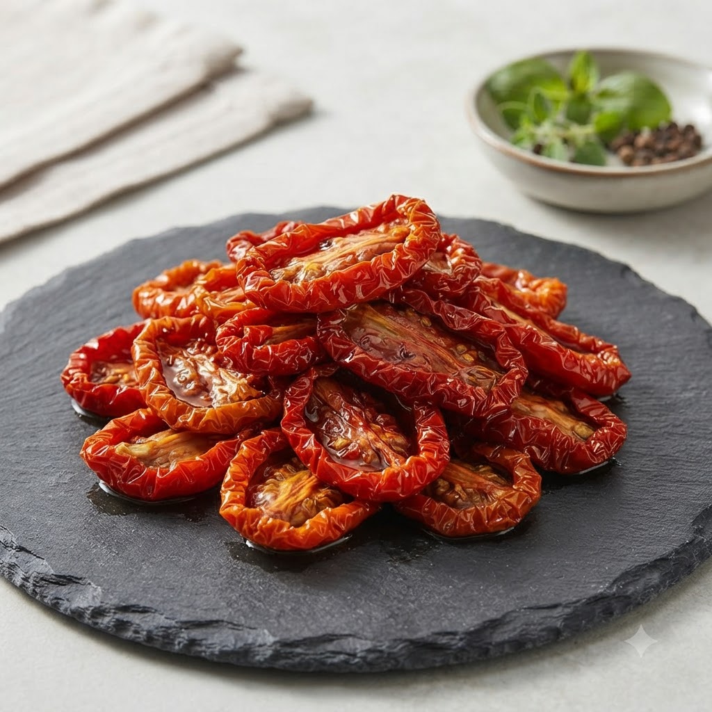 A heap of sun-dried tomato paste resting on a spoon, showing a smooth and vibrant red texture.