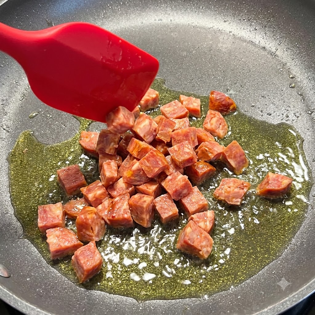 Spanish chorizo cubes being added to a hot pan filled with olive oil, manipulated by a red silicone spatula.