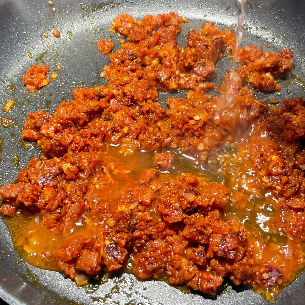 White wine being poured from above into the bubbling tomato and chorizo sauce in the pan.