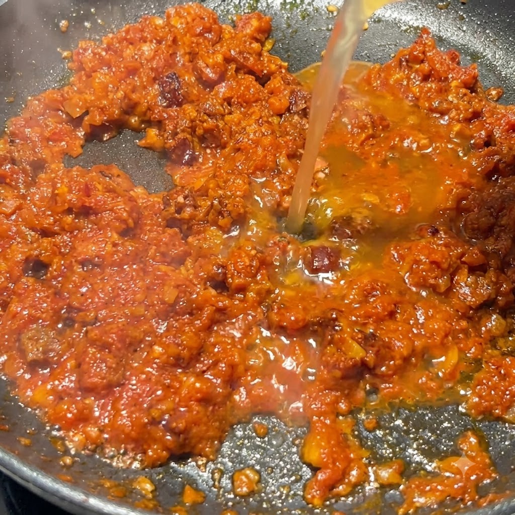 Chicken broth being poured into the simmering tomato and chorizo sauce pan.