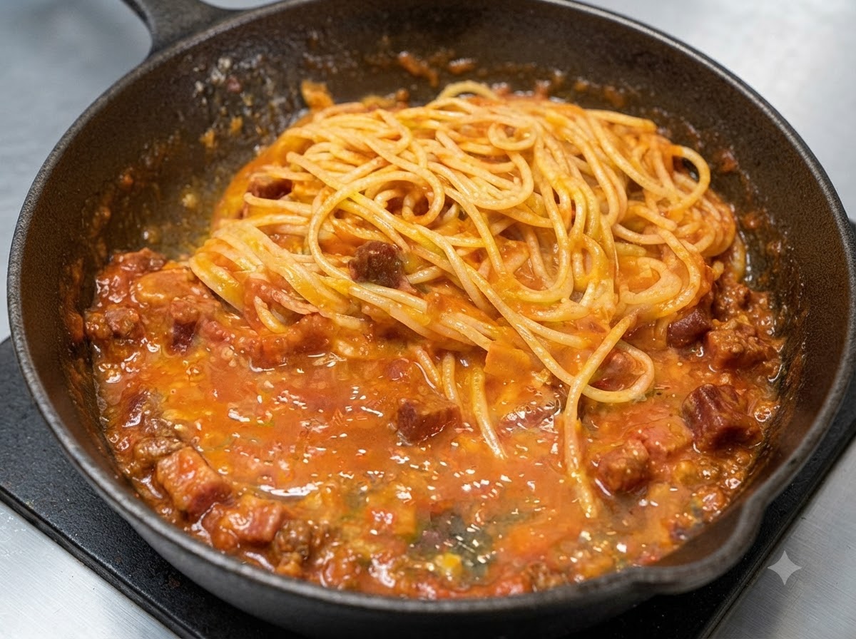 Spaghetti and sauce mixture in a cast iron skillet being seasoned with salt and black pepper.