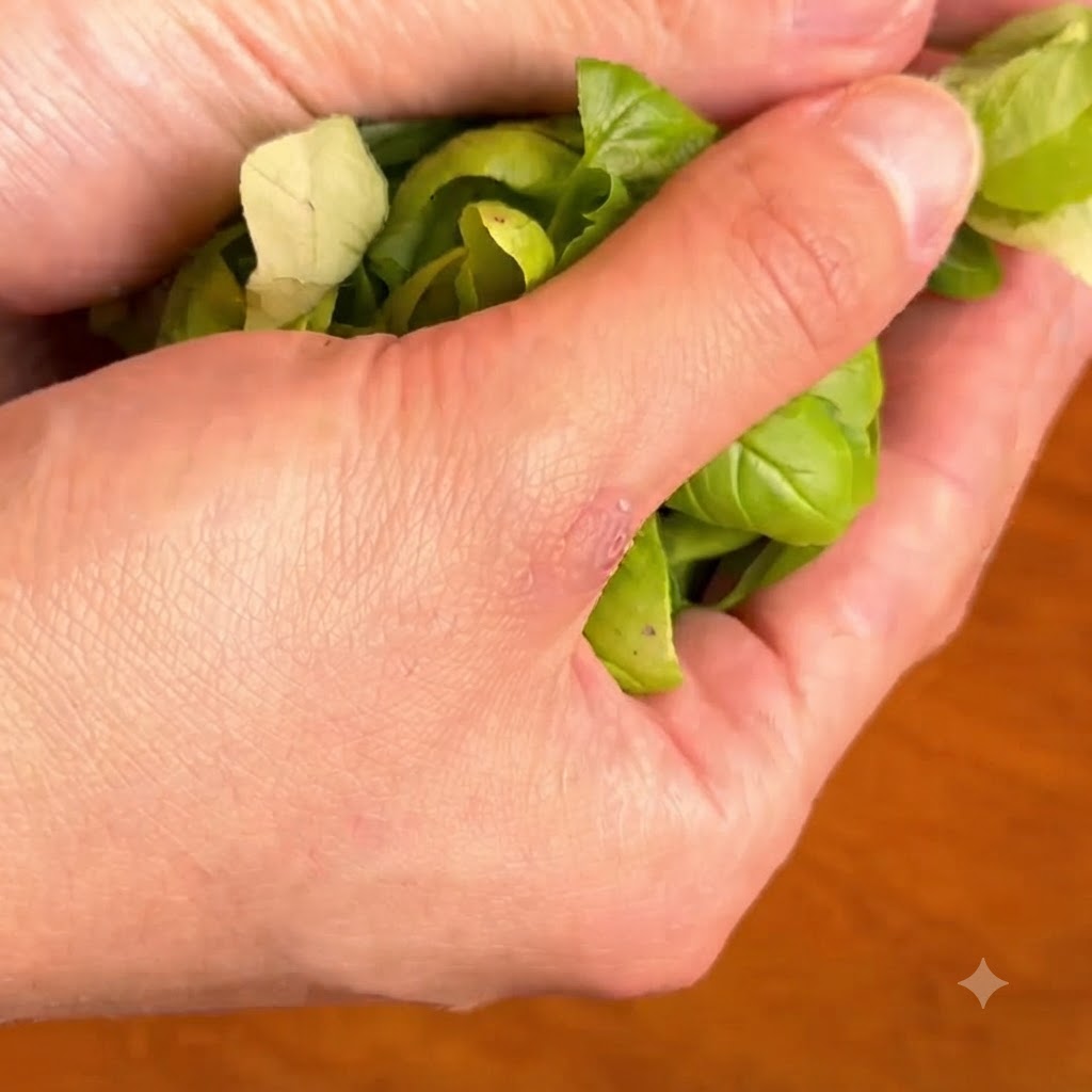 Fresh green basil leaves cupped tightly in hands.