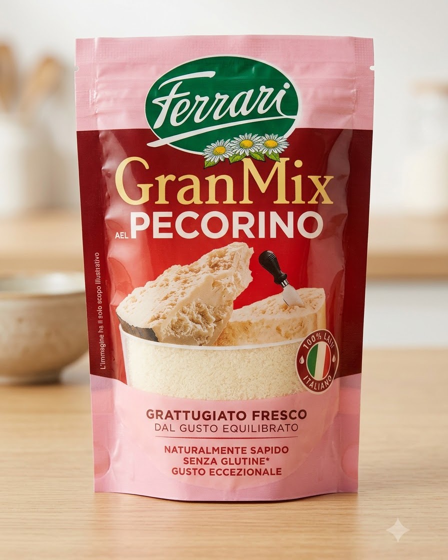 A pink packaging of Ferrari GranMix Pecorino cheese standing upright on a wooden kitchen counter.