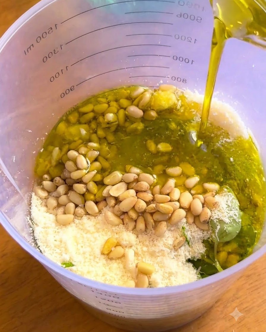 Extra virgin olive oil being poured into a large measuring cup containing pine nuts, grated cheese, and basil leaves.