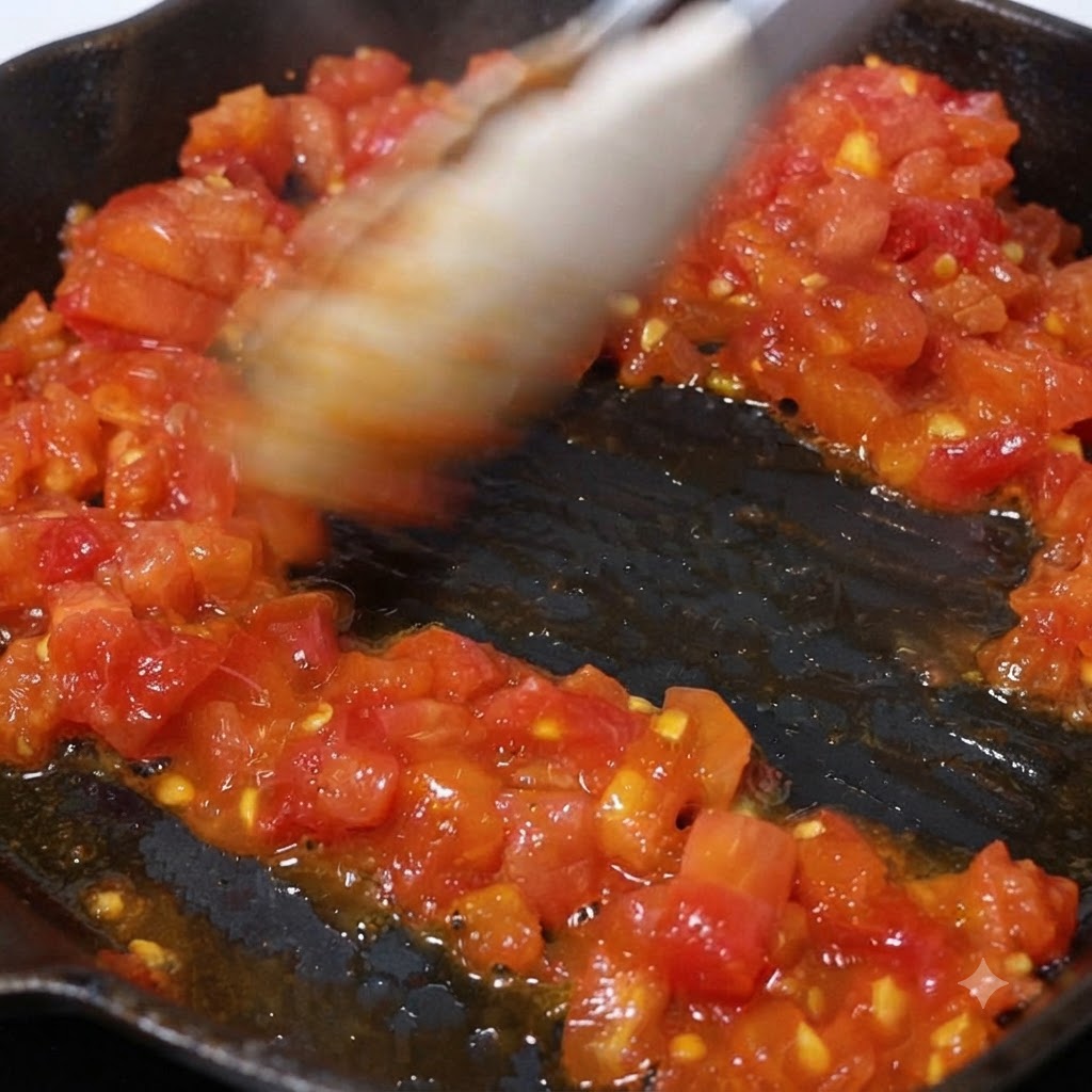 Finely diced tomatoes simmering and softening in an oiled frying pan.