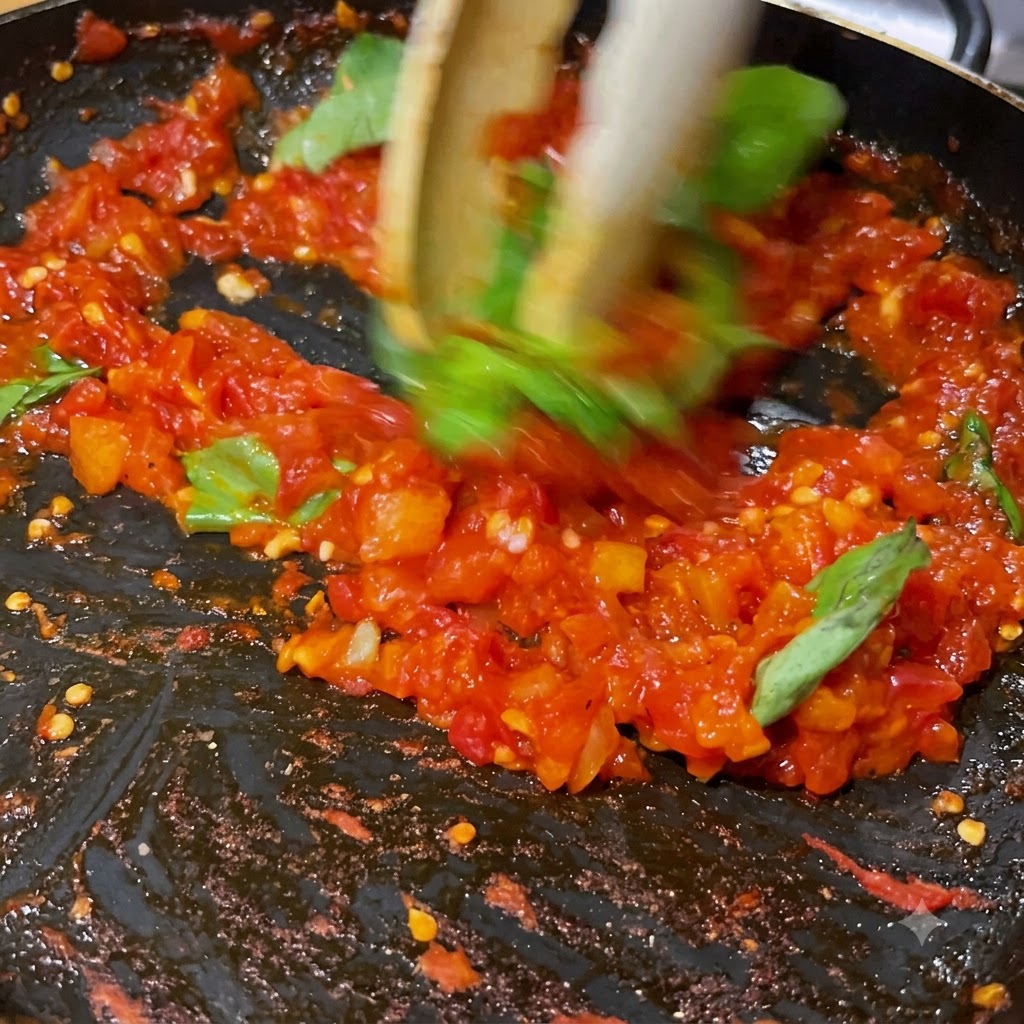 Fresh basil leaves being stirred and folded into the vibrant red tomato sauce inside a pan.