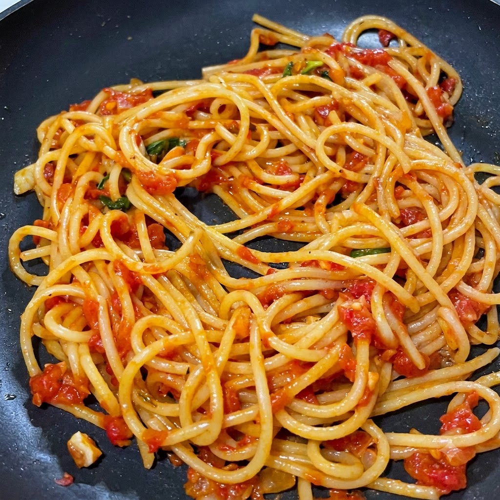 Cooked spaghetti noodles being thoroughly mixed and coated with homemade tomato meat sauce in a skillet.