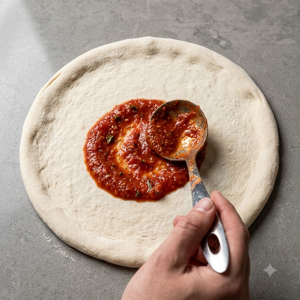 A metal ladle spreading red tomato sauce in a spiral pattern on top of raw pizza dough.