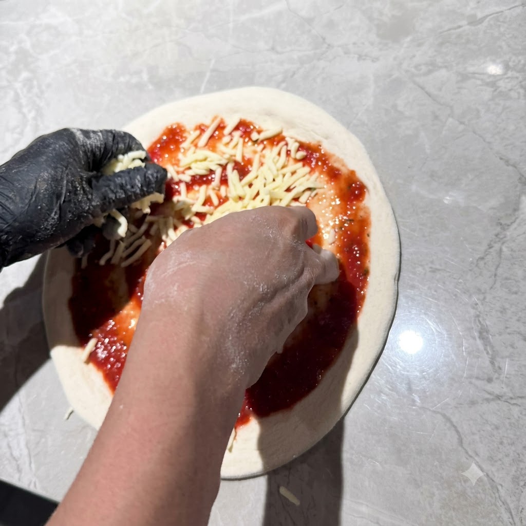 Gloved hands sprinkling shredded mozzarella cheese over a tomato-coated pizza base.