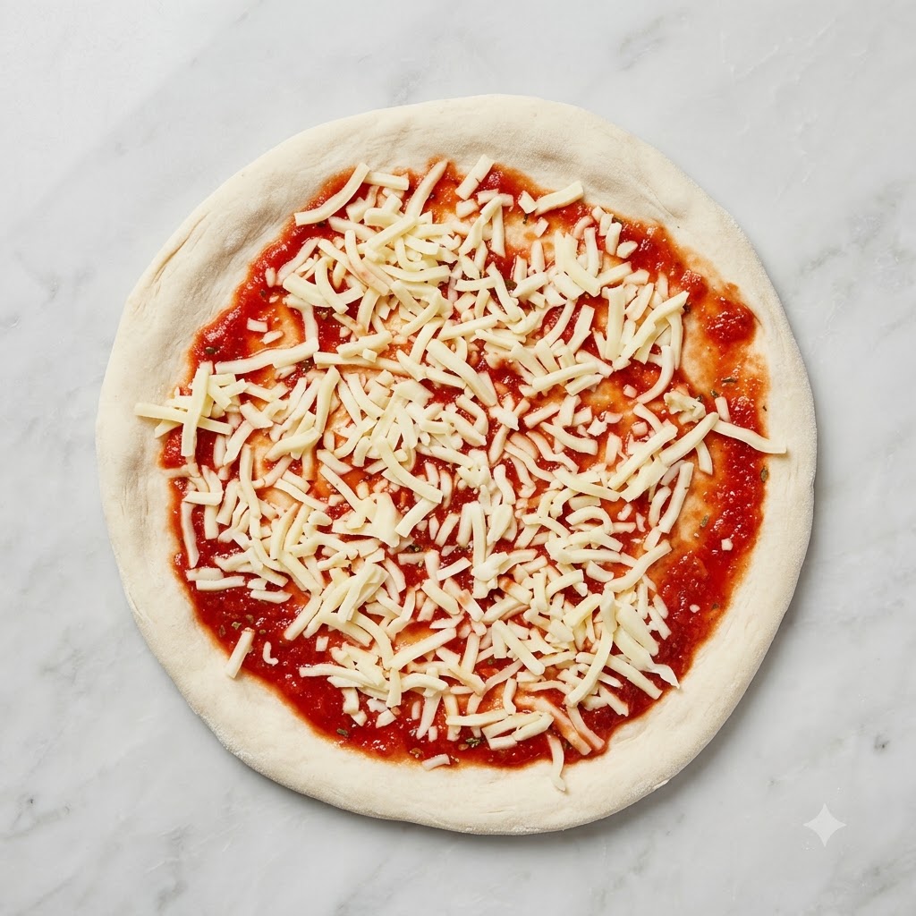 A prepared pizza base covered with tomato sauce, mozzarella cheese, and halved cherry tomatoes.