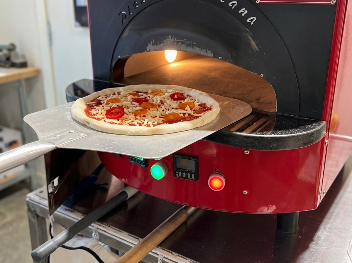 A pizza being loaded on a peel into the open mouth of a red domed pizza oven.