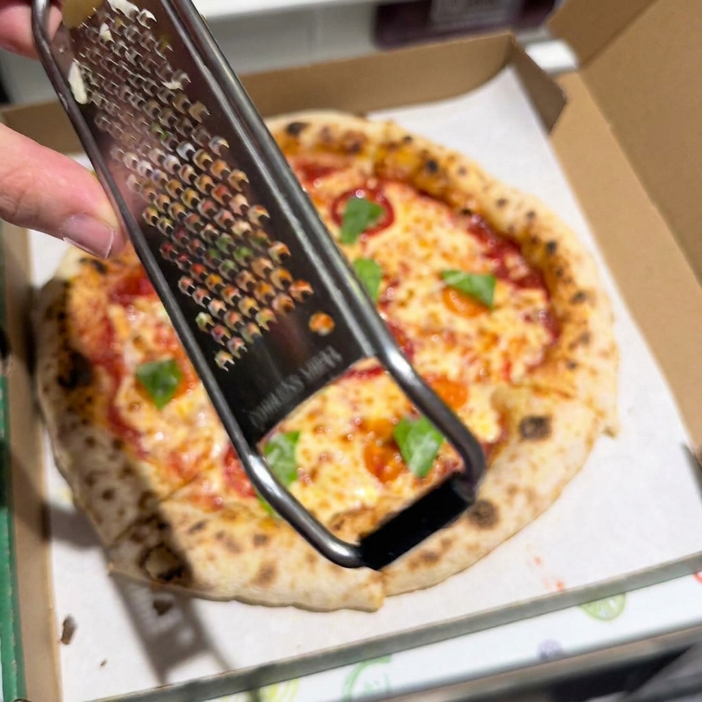 A hand holding a metal grater, actively grating Parmigiano-Reggiano cheese over a baked pizza in a box.