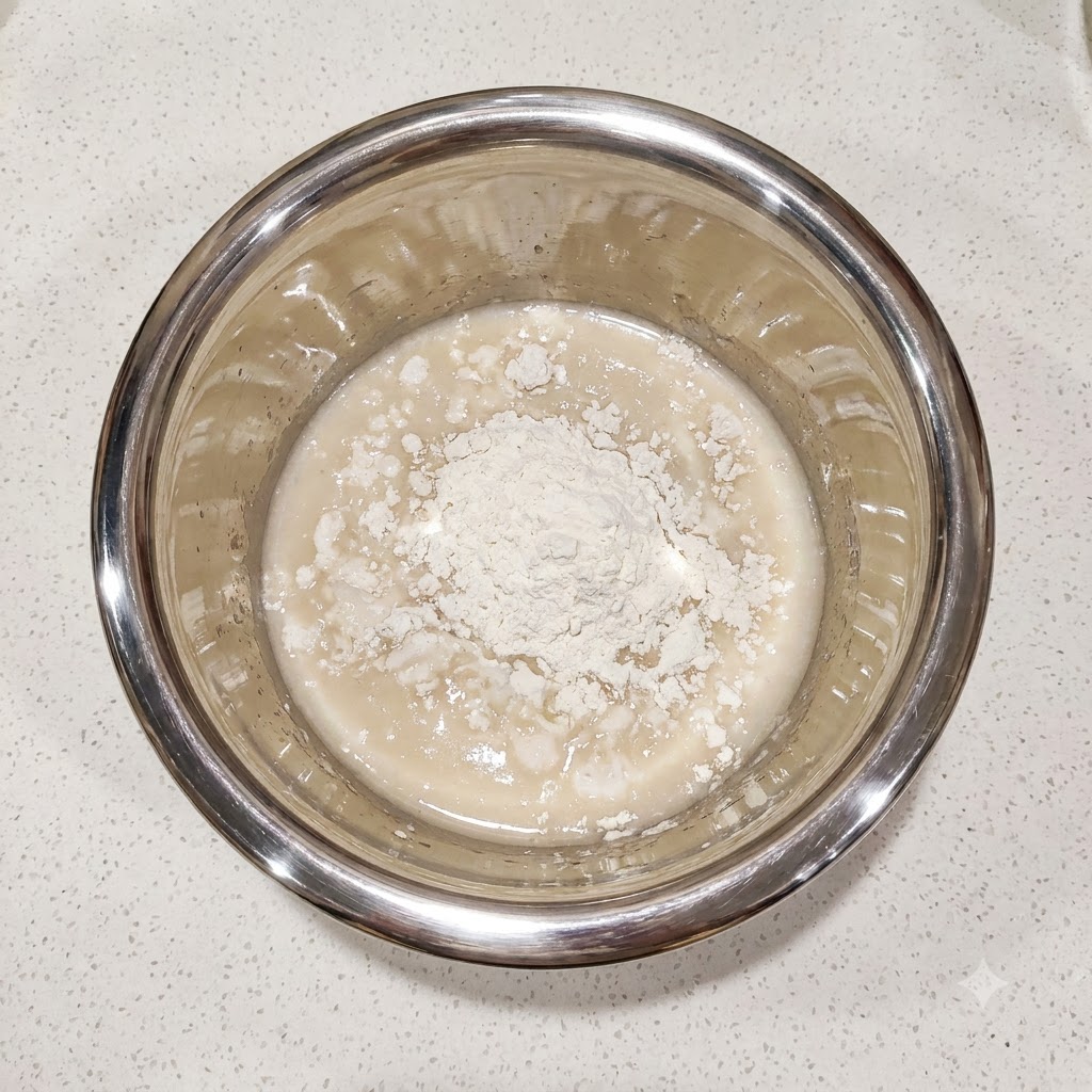 Bread flour, salt, and olive oil added into the bowl with the yeast mixture.