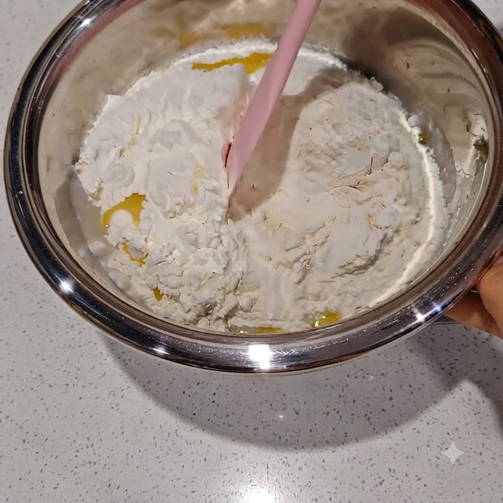 Ingredients being mixed with a spatula into a shaggy dough state.