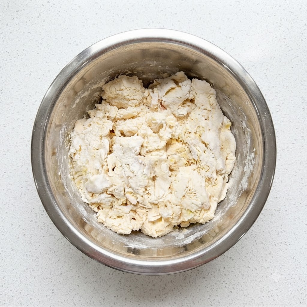 Hands kneading and massaging the dough together inside the bowl.