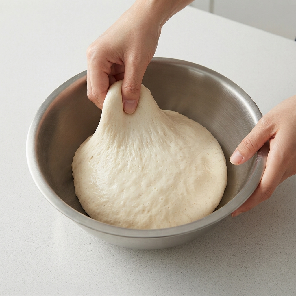 Performing the first stretch and fold on the dough inside the bowl.