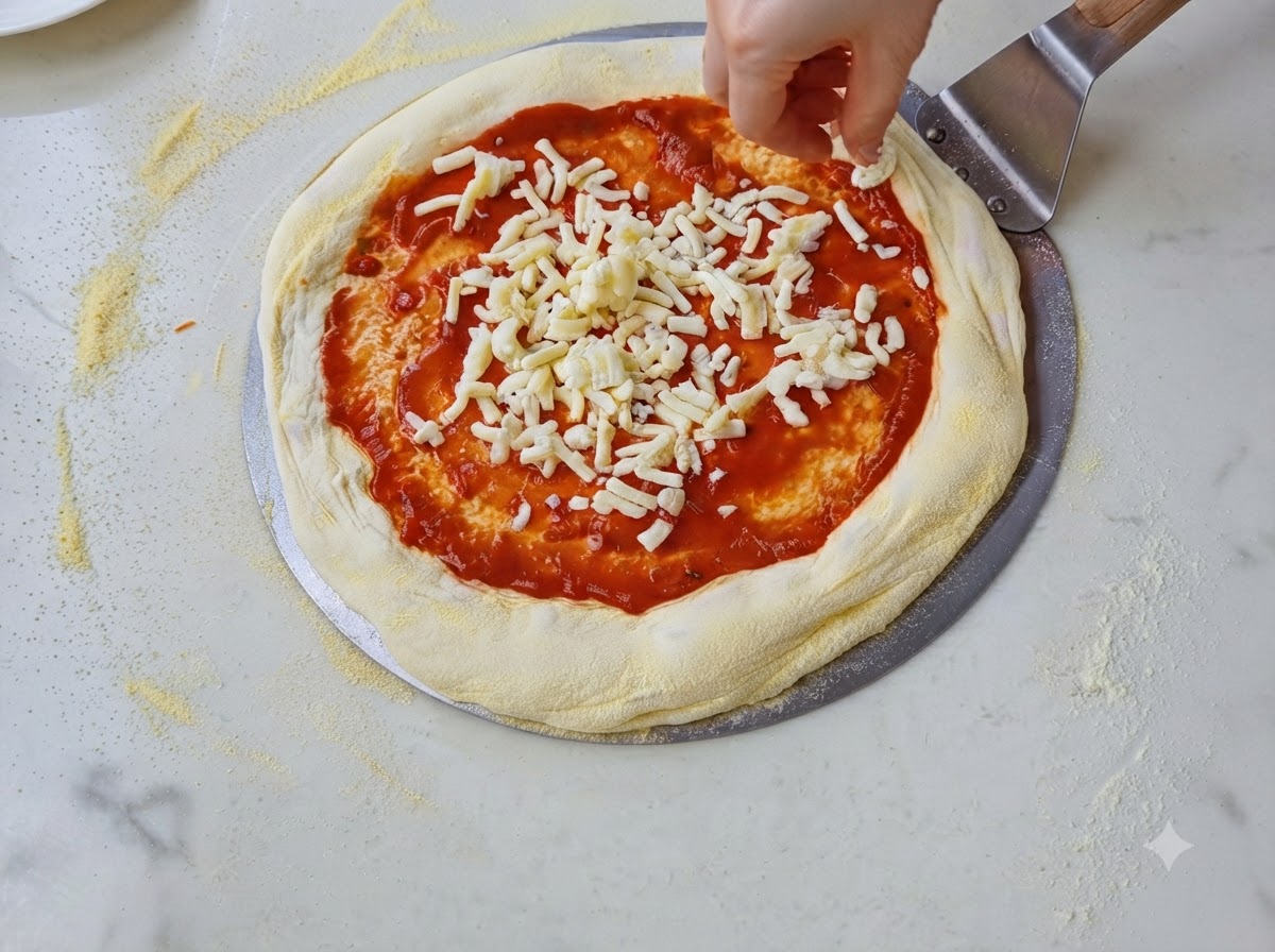Hands pressing down on pizza dough from the center outwards, leaving the edge thick.