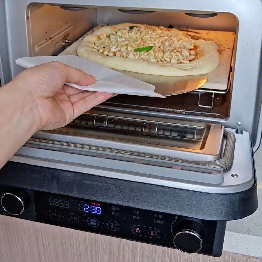 Italian tomato sauce being spooned and spread onto the center of a stretched pizza dough.