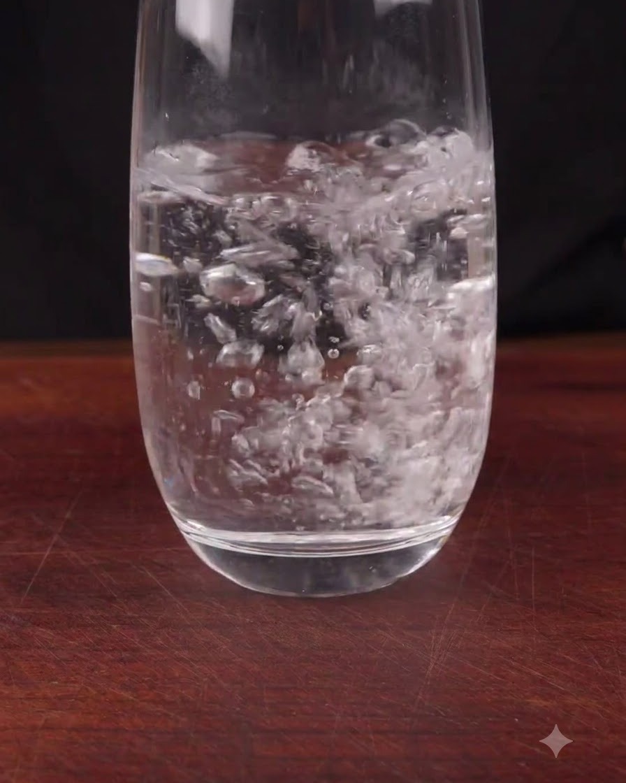 A steady stream of warm water pouring into a clear glass sitting on a wooden tabletop.