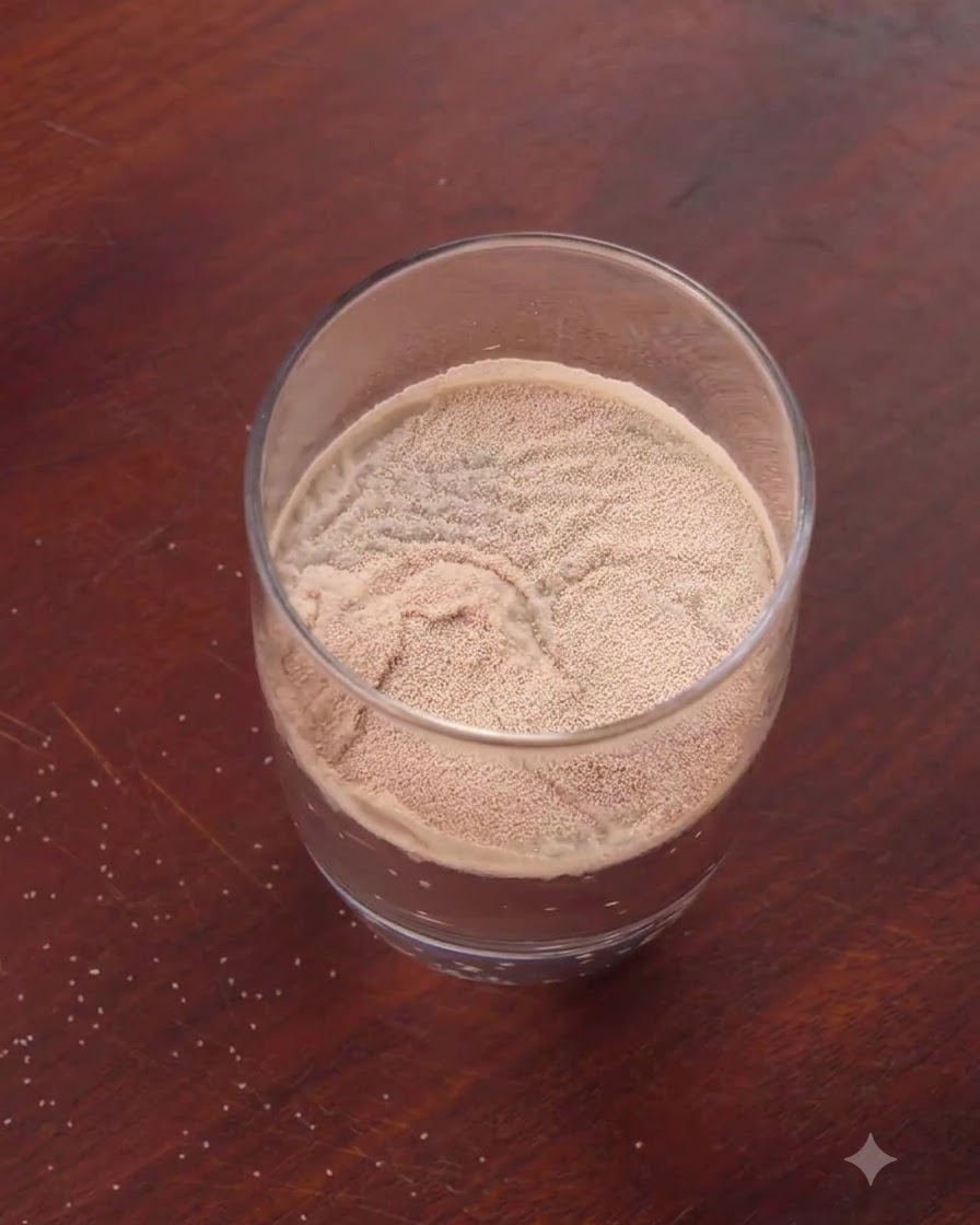 Granulated white sugar and dry yeast sitting on top of water inside a clear glass.