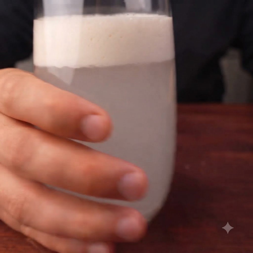 Foamy activated yeast mixture being poured from a glass into a mixing bowl containing white flour.