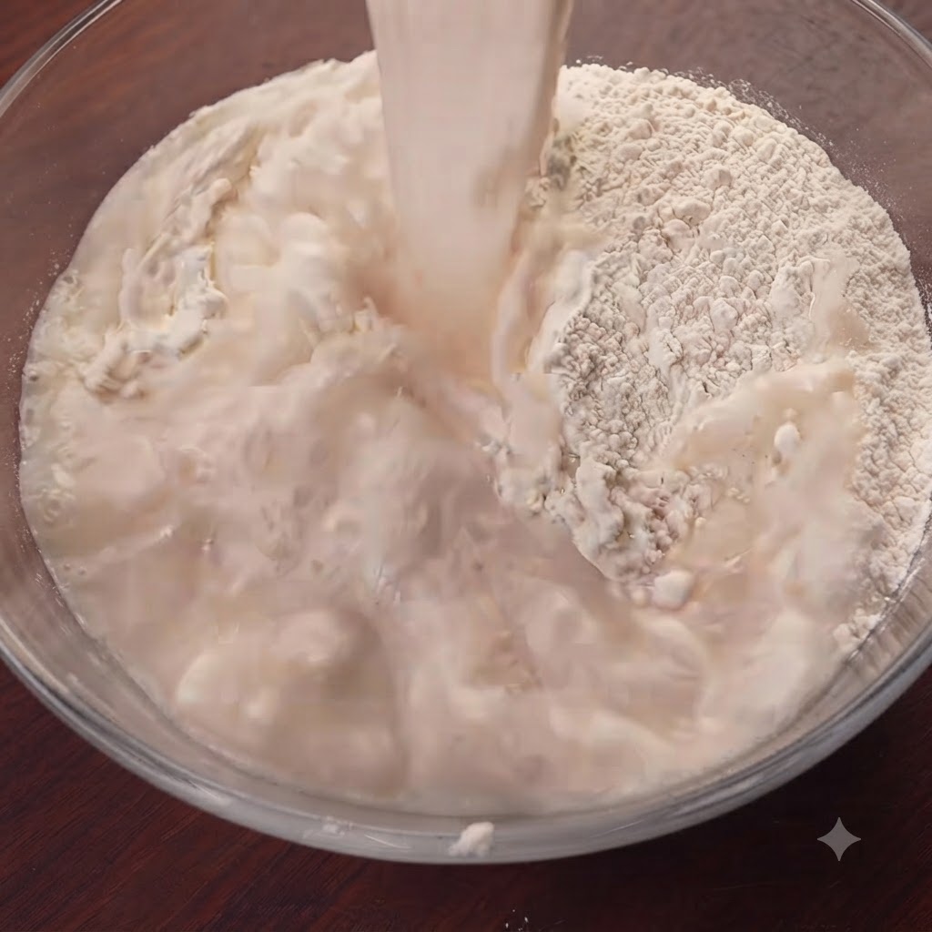 Fine salt sprinkled into a mixing bowl filled with flour and liquid ingredients.
