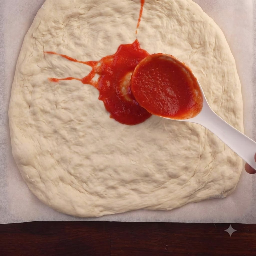 A ladle spooning bright red tomato sauce onto the center of a round pizza dough stretched out on parchment paper.