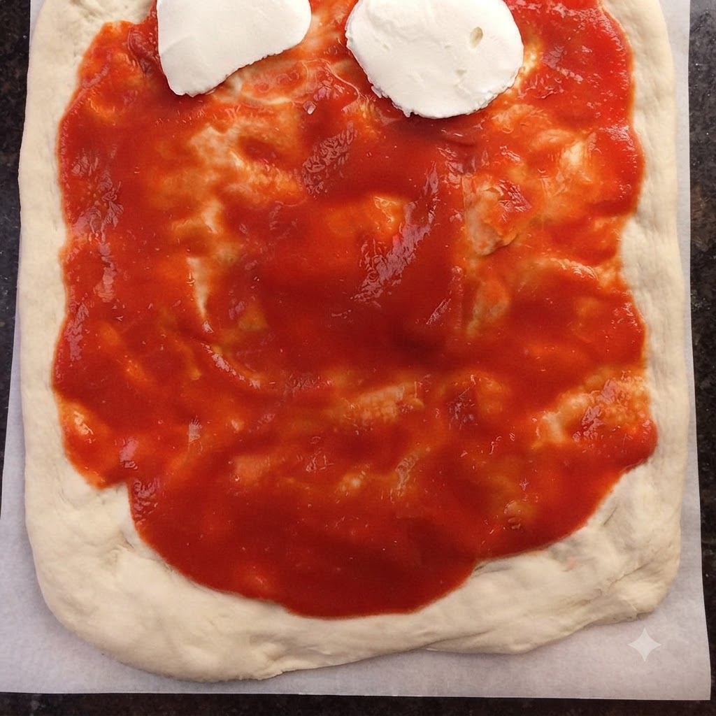 Slices of white mozzarella cheese being arranged over a red tomato sauce base on pizza dough.
