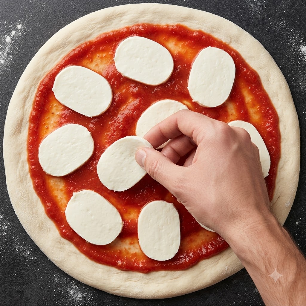 A hand placing a slice of mozzarella cheese onto a round pizza base covered with tomato sauce.