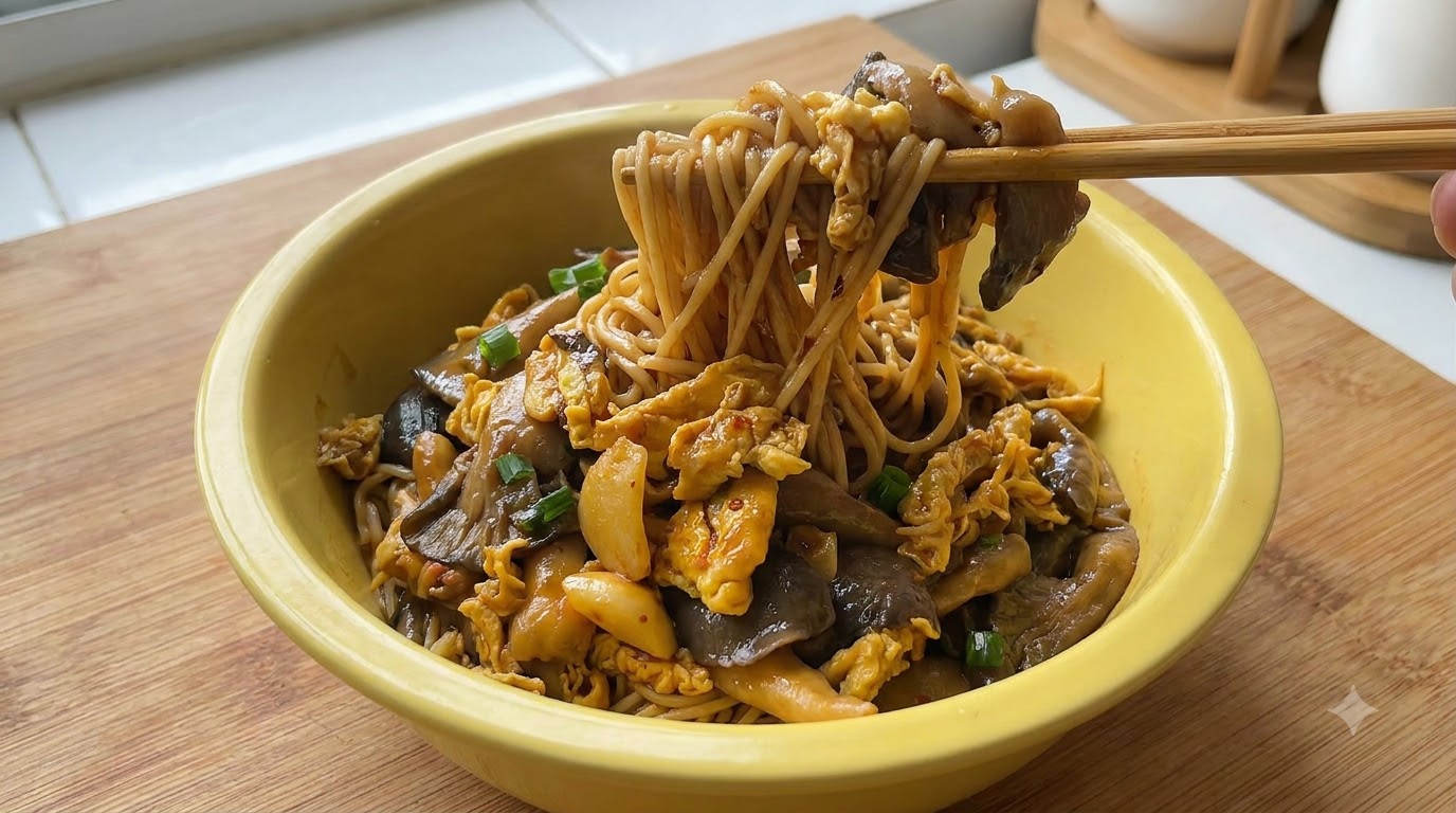 A yellow bowl of savory oyster mushroom and egg mixed noodles held up with chopsticks