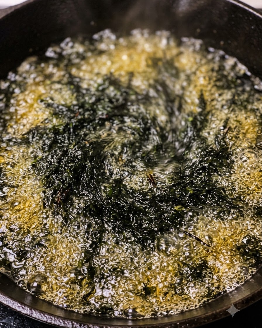 Close-up view of seasonings and aromatics bubbling and frying in oil within a pan.