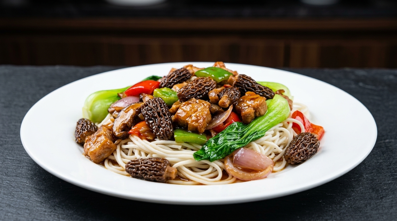 Bachu Mushroom Noodles with Savory Stir-Fried Pork
