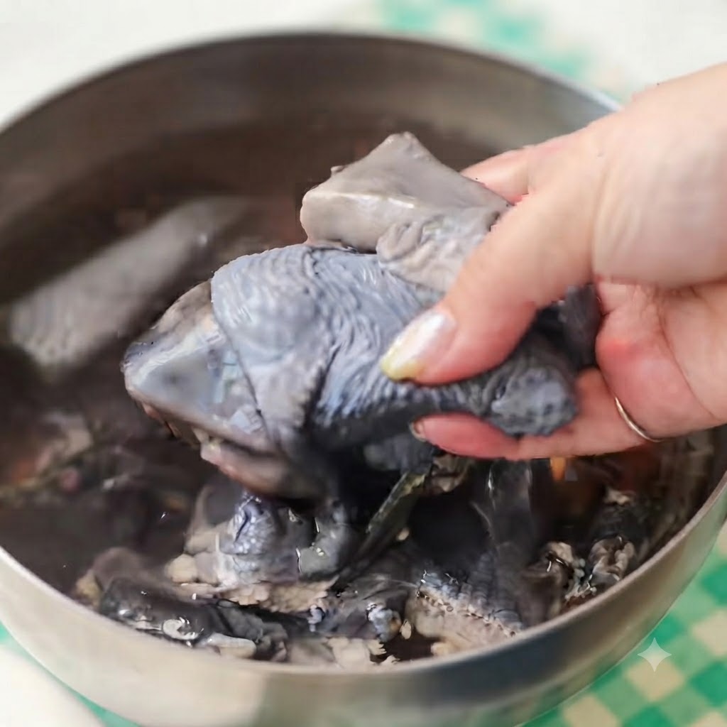Raw black-skinned chicken pieces being drained in a metal bowl.