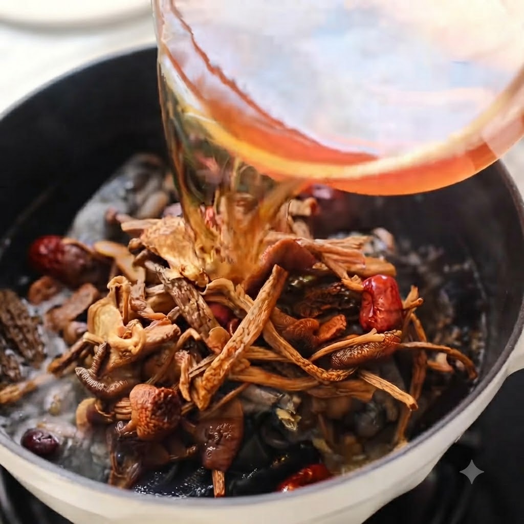 Soaked mushrooms and red dates being added to the pot containing chicken.