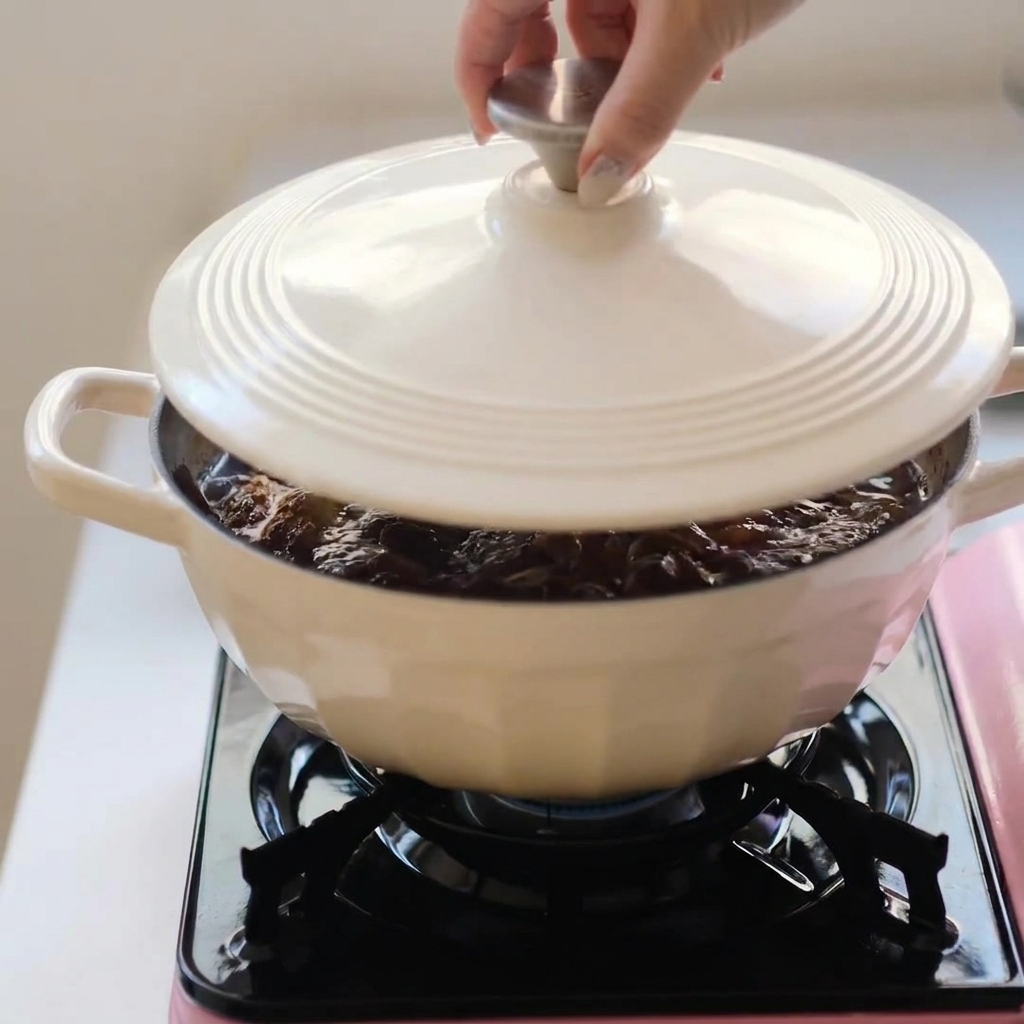 A covered white pot simmering on a portable stove.