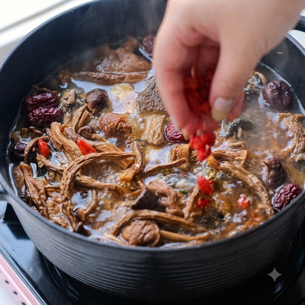 Wolfberries being dropped into the bubbling soup pot.