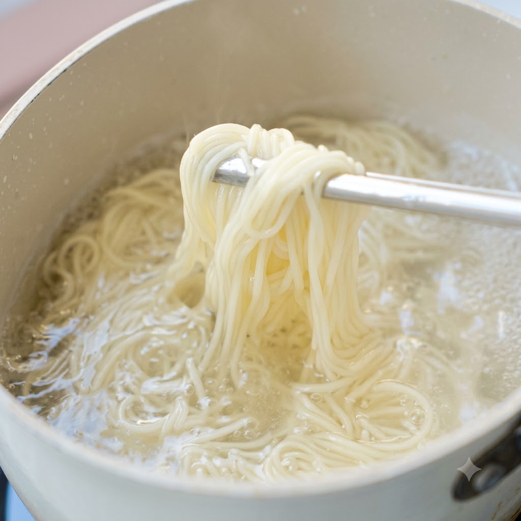 Noodles being cooked and stirred in boiling water inside a light-colored pot.
