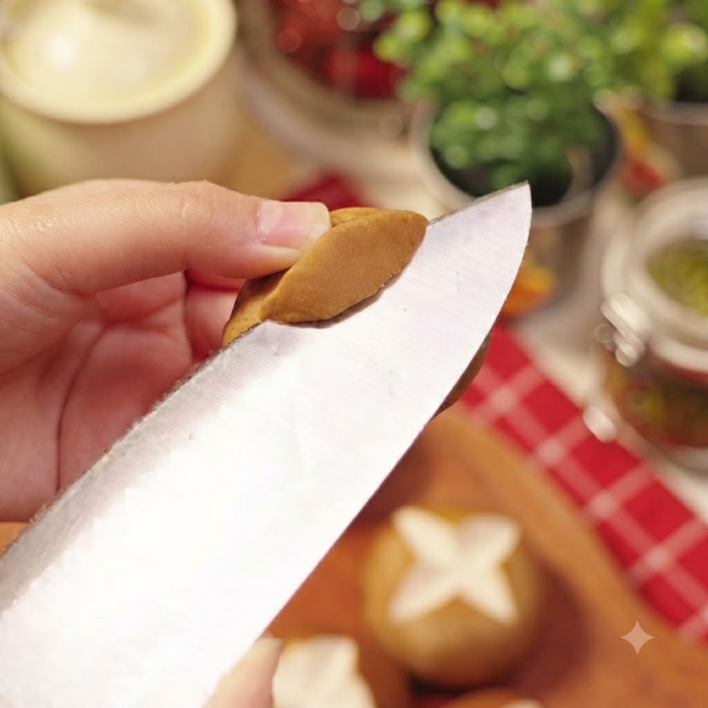 A close-up of a hand using a sharp knife to carve a diamond-shaped pattern onto a fresh shiitake mushroom cap on a wooden board.