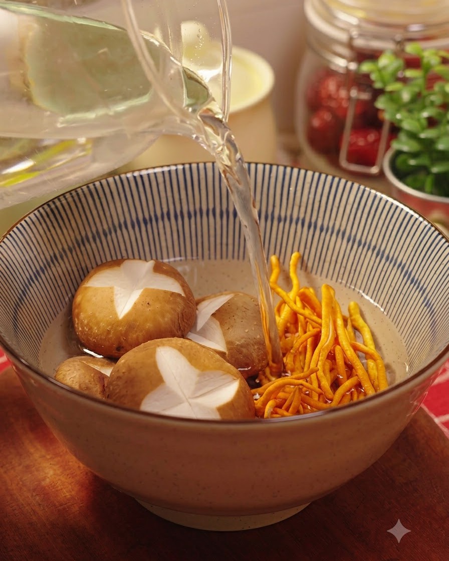 Warm water being poured into a bowl of shiitake mushrooms and cordyceps flowers.