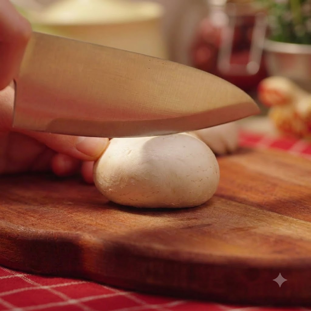 A kitchen knife slicing white button mushrooms on a wooden cutting board.
