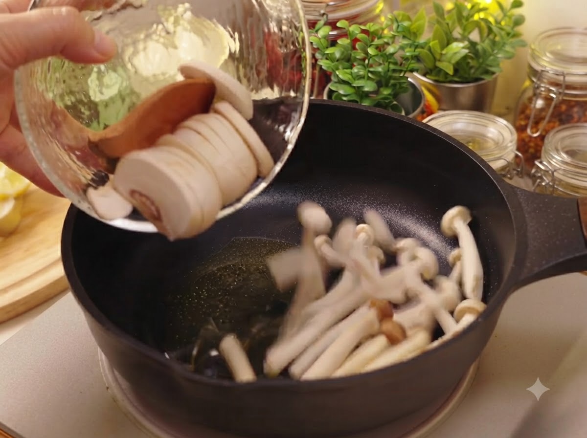 Sliced white mushrooms and shimeji mushrooms sliding from a glass bowl into an oiled skillet.
