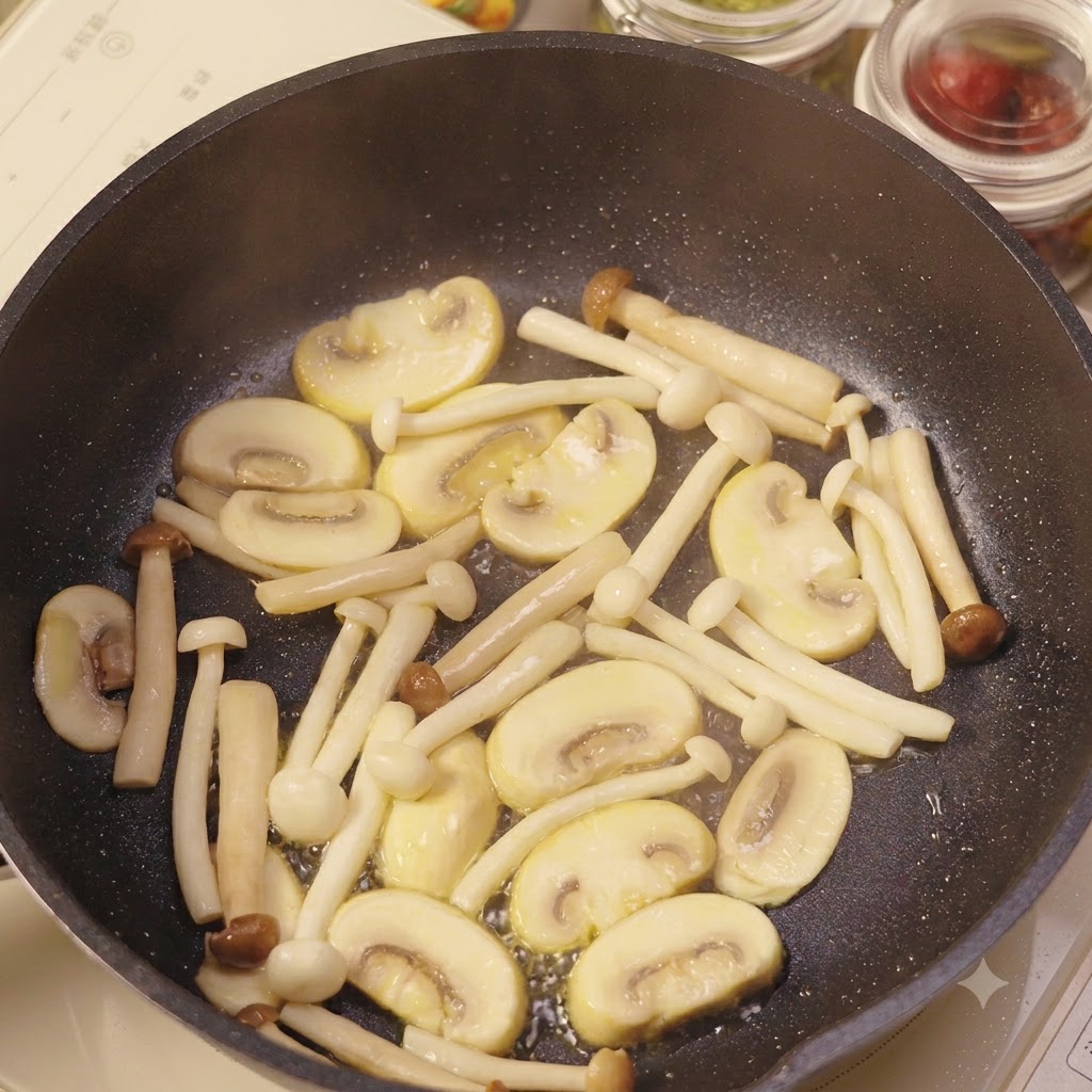 Minced garlic being stirred into sautéed mushrooms in a pan with a spatula.