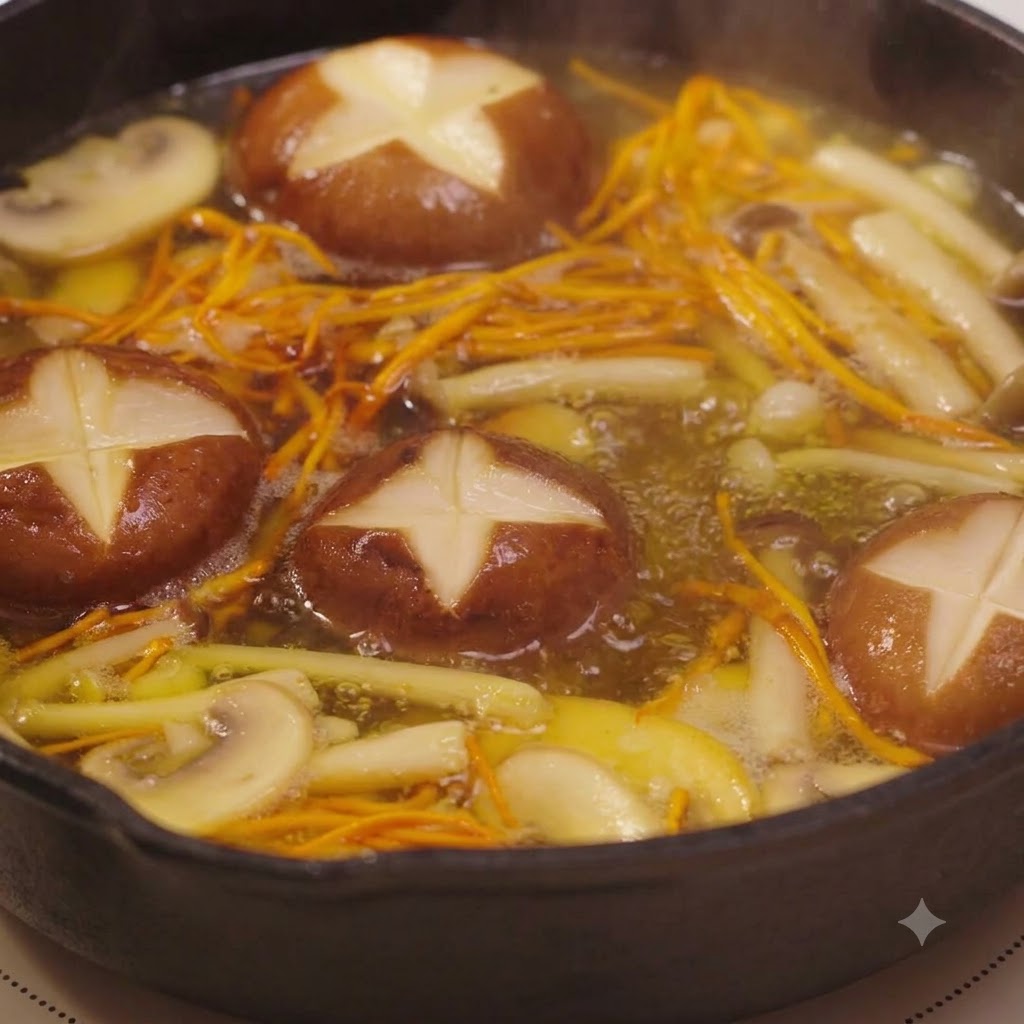 Light soy sauce being added from a spoon into a simmering pan of mushroom broth.