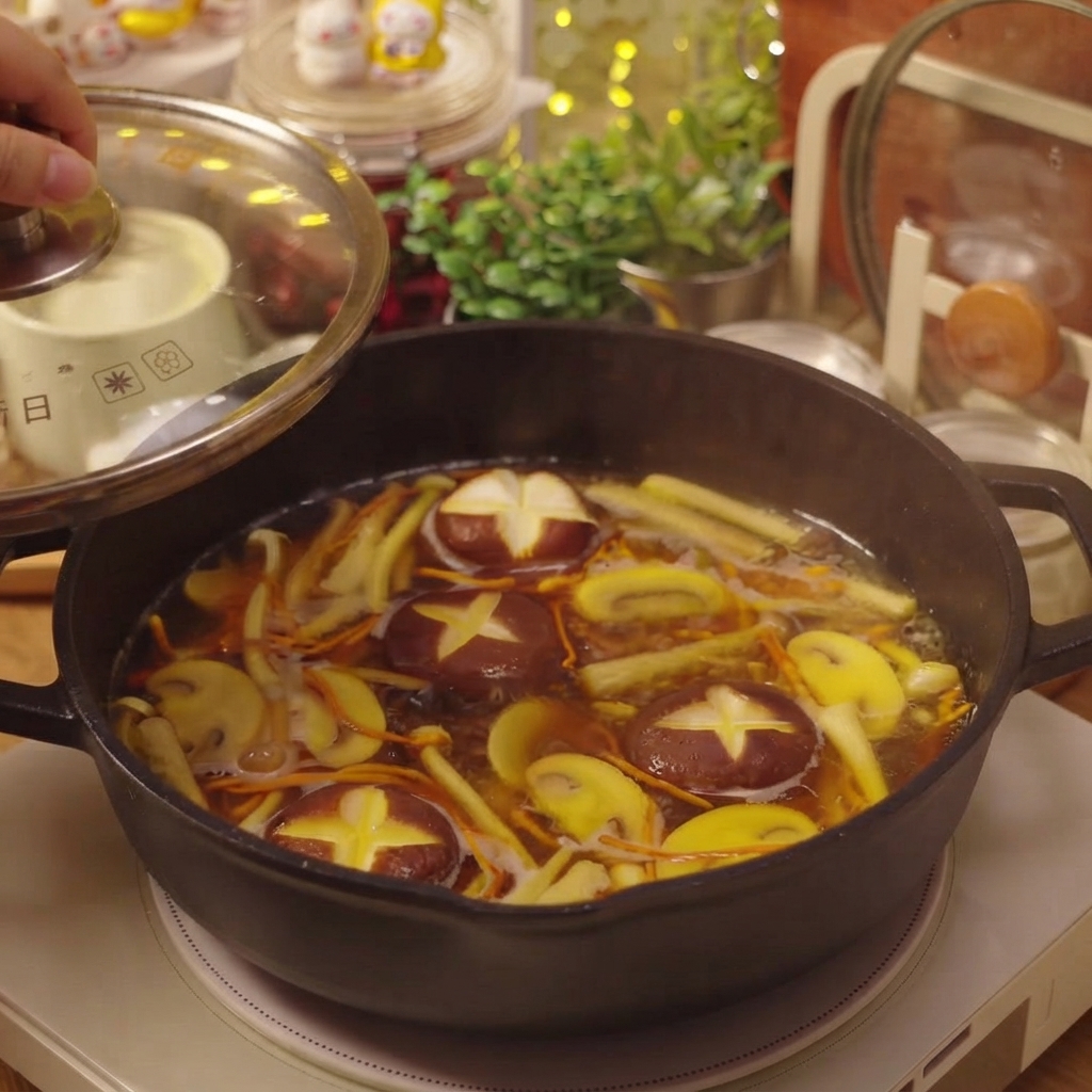 A glass lid being placed over the skillet containing simmering mushroom soup.
