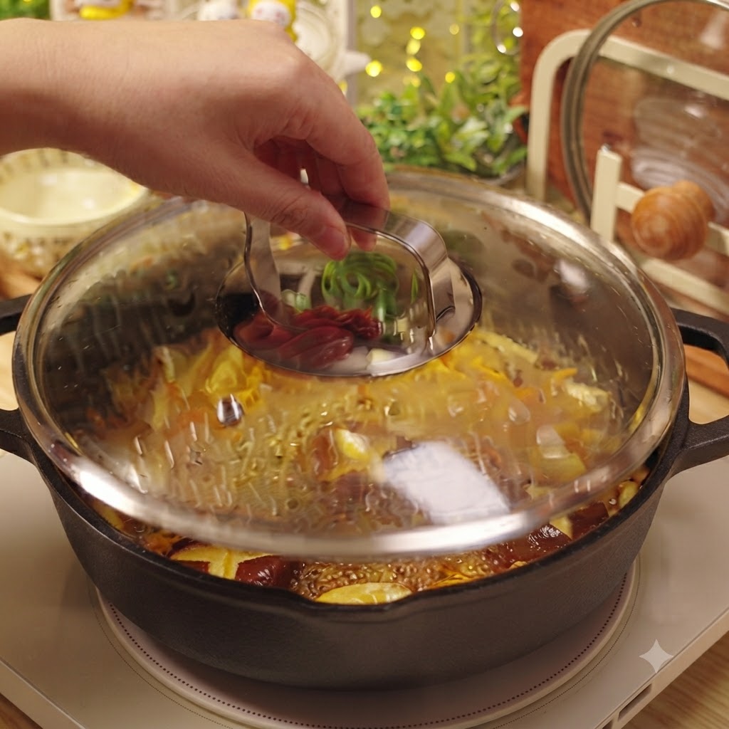 The glass lid being removed from a skillet filled with bubbling mushroom soup.
