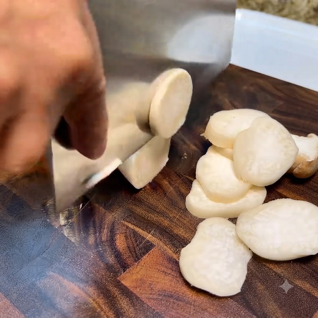 King oyster mushroom being cut into neat round slices on a wooden cutting board with a large knife.